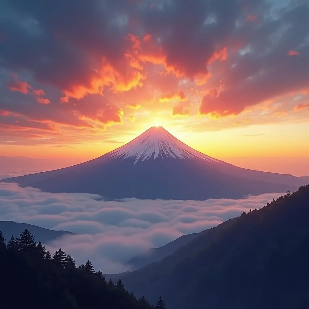 Breathtaking sunrise view from the summit of Mount Fuji, Japan