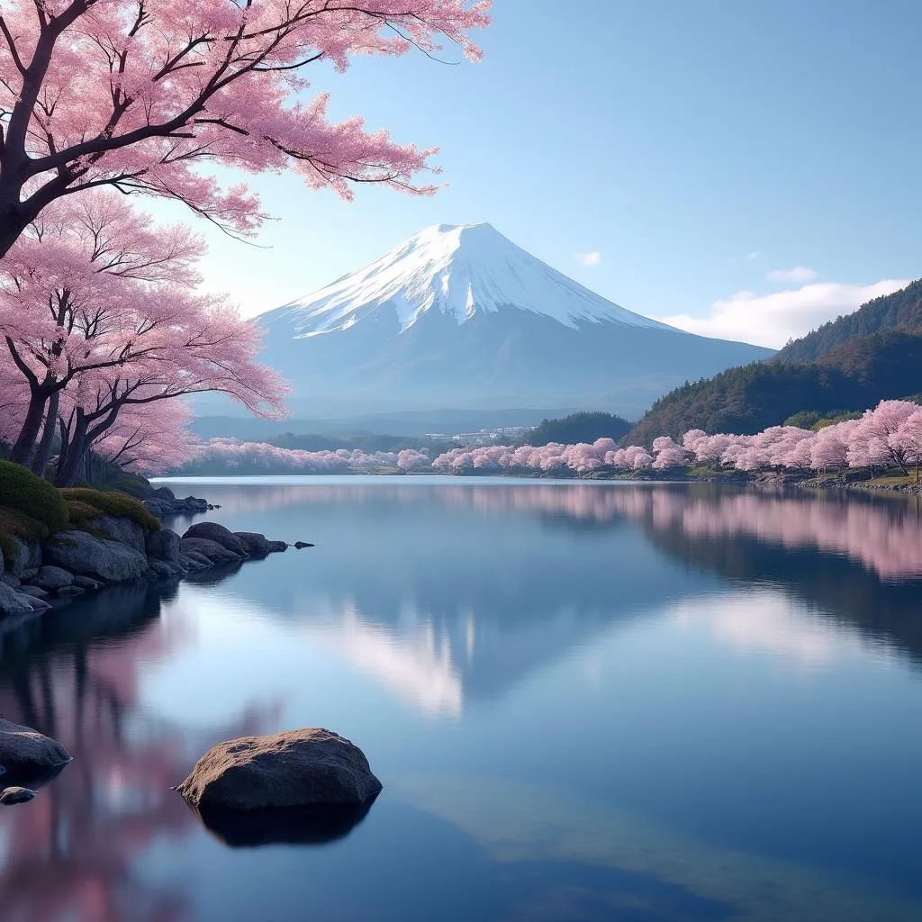 Iconic Mount Fuji reflected in a serene lake surrounded by blooming cherry blossoms.