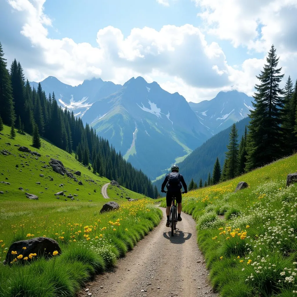 Mountain bike trail winding through the majestic Japanese Alps