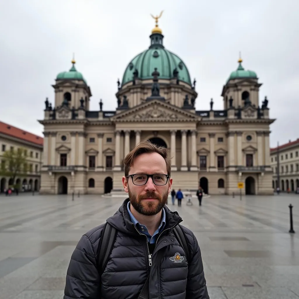 A tour guide stands in front of the Feldherrnhalle in Munich, Germany, explaining its historical significance during the Third Reich.