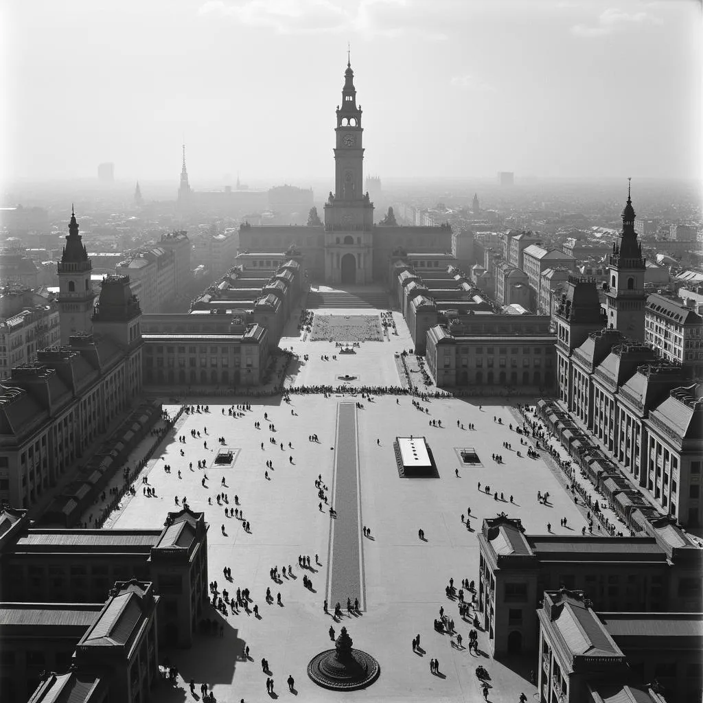 A panoramic view of Konigsplatz in Munich, Germany, showcasing its vast scale and architectural grandeur during the Third Reich.