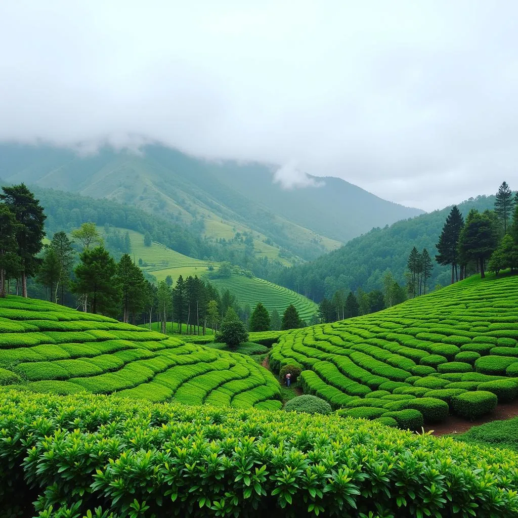 Vast Tea Plantations in Munnar with Misty Hills