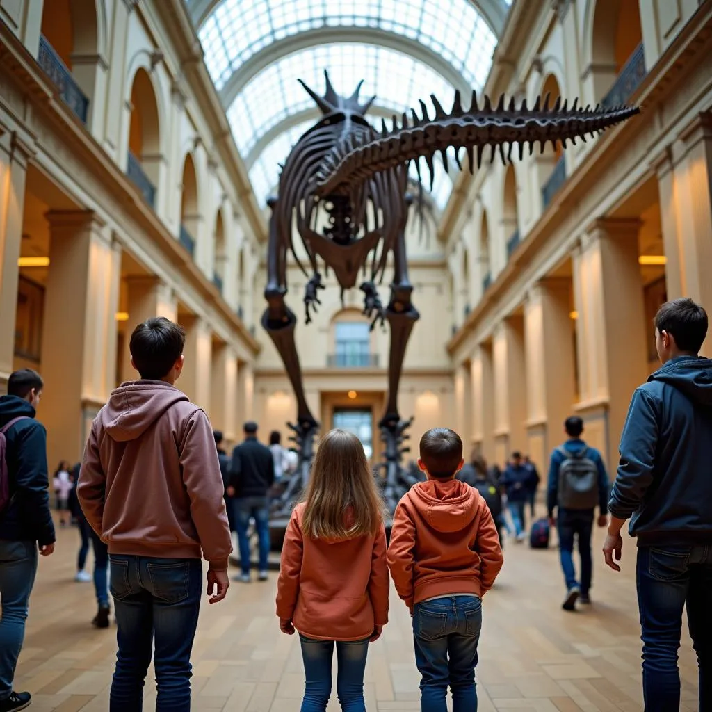 Family exploring a dinosaur skeleton at the Museum of Natural History