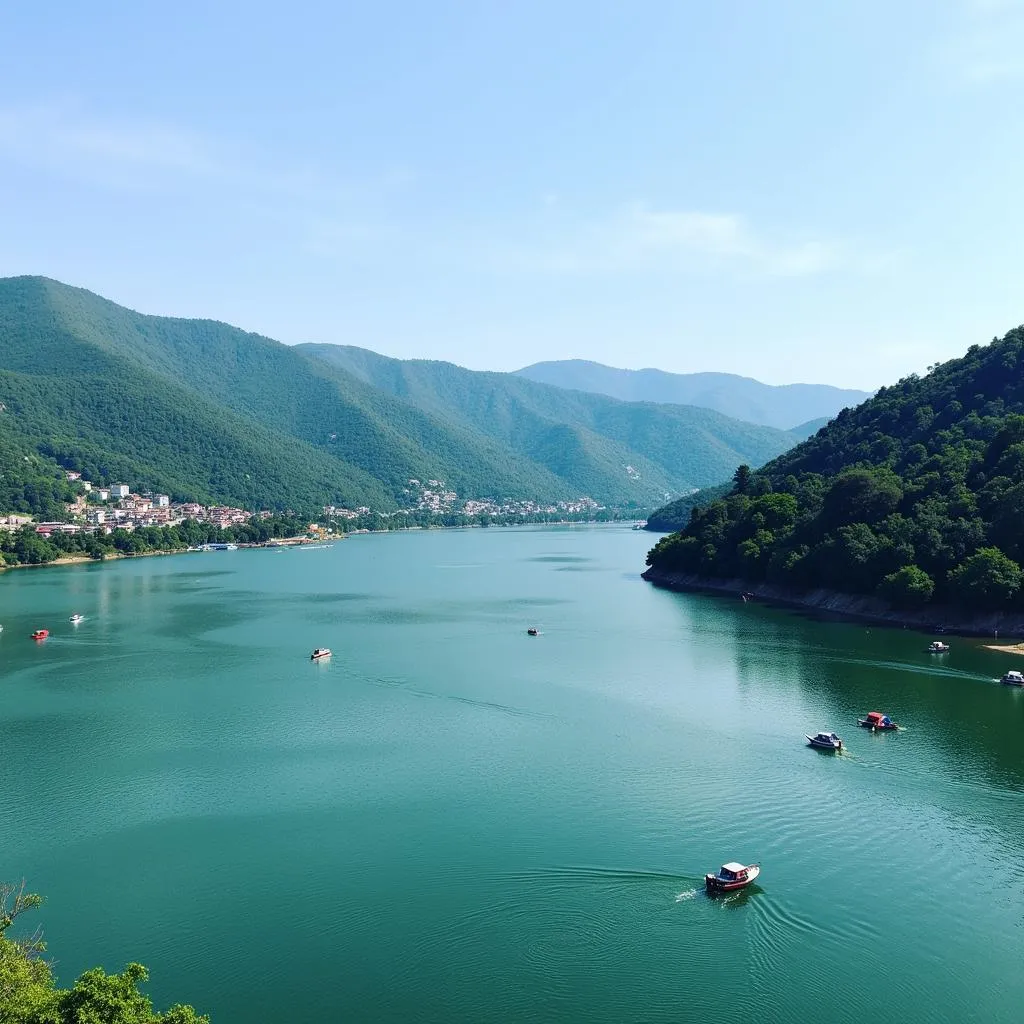 Nainital Lake view with colorful boats