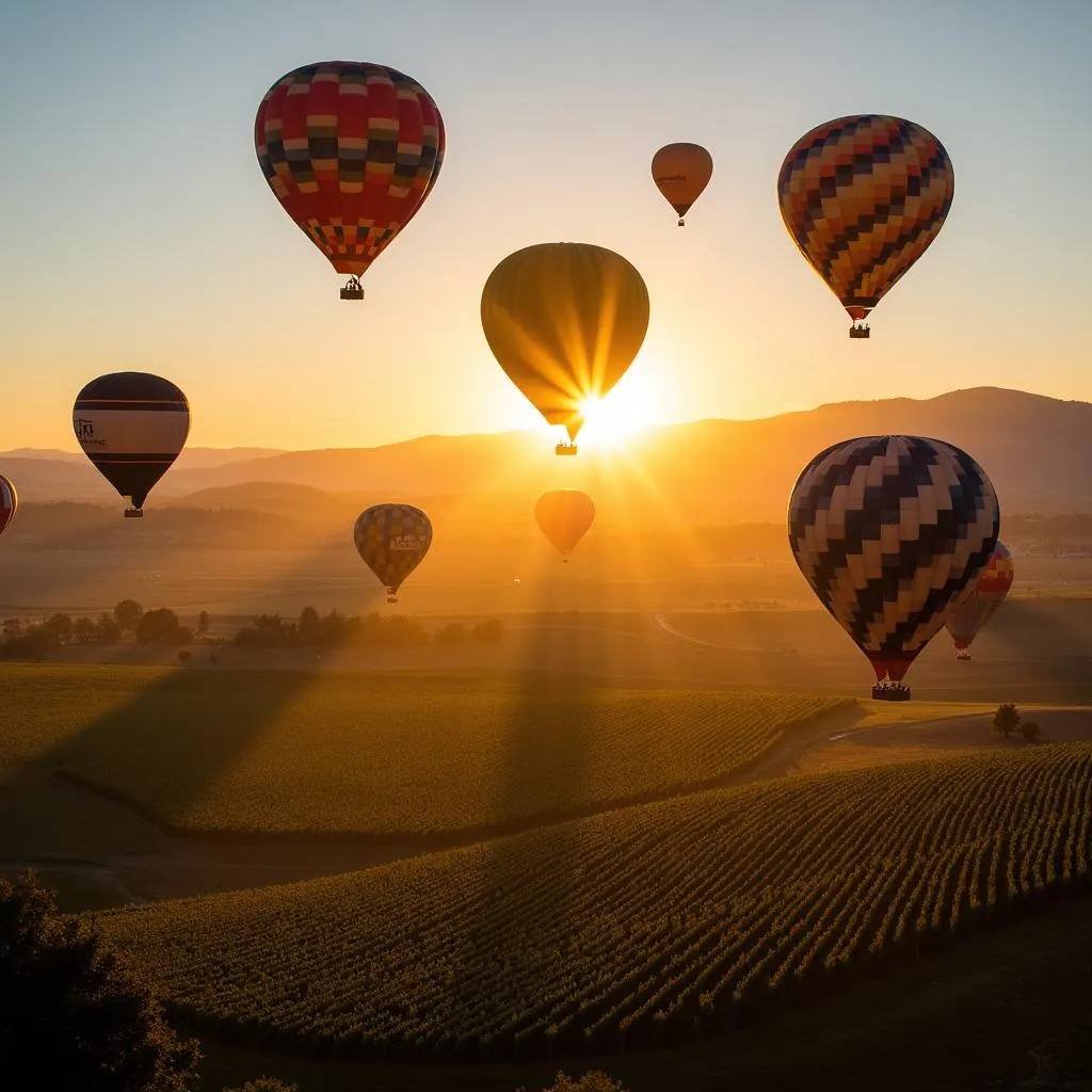 Colorful hot air balloons floating over Napa Valley at sunrise