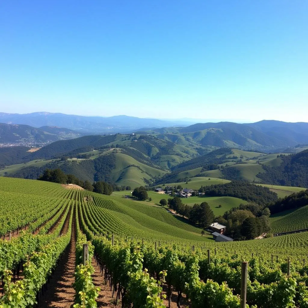 Napa Valley vineyard landscape with hills and blue sky