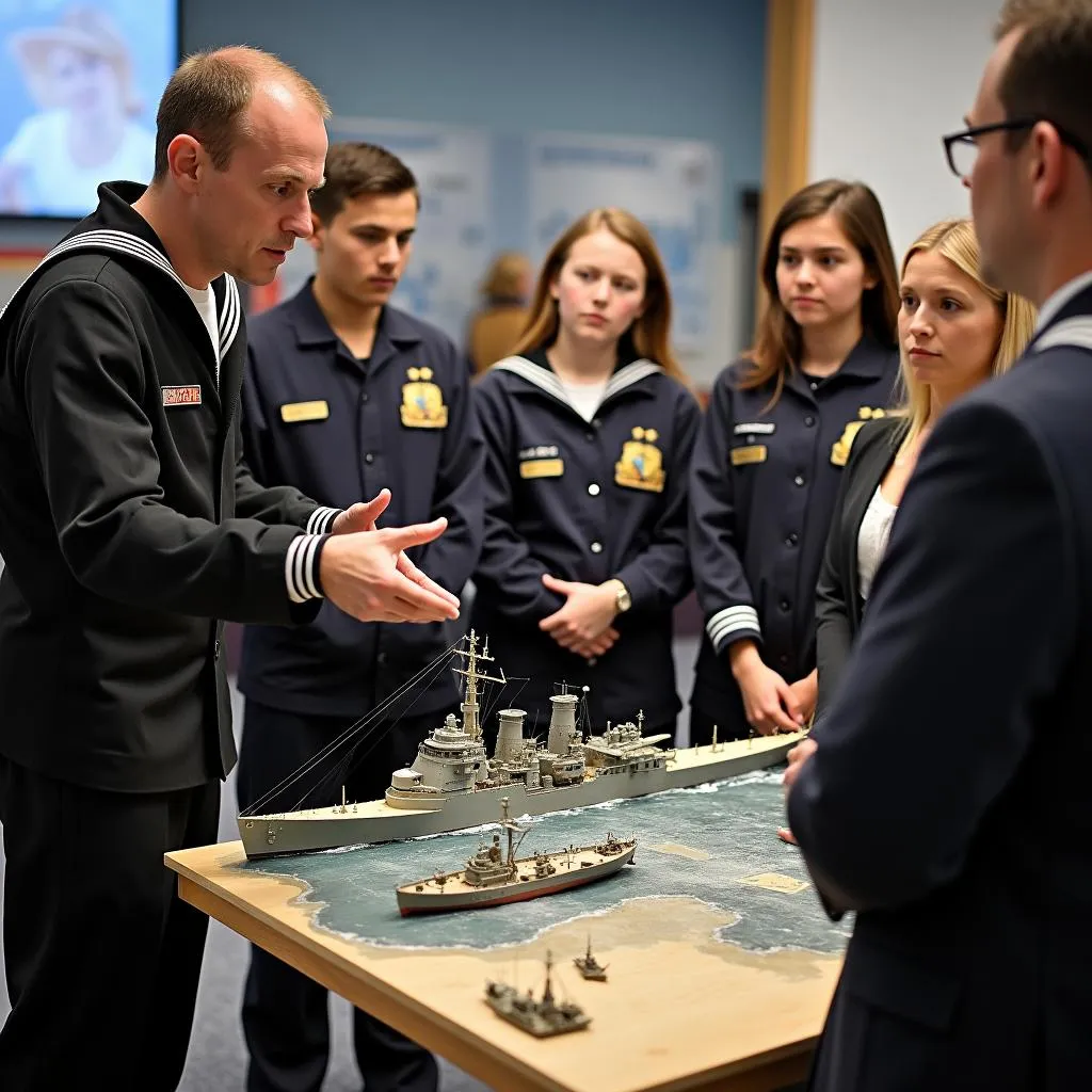 Sailor explaining naval operations to visitors