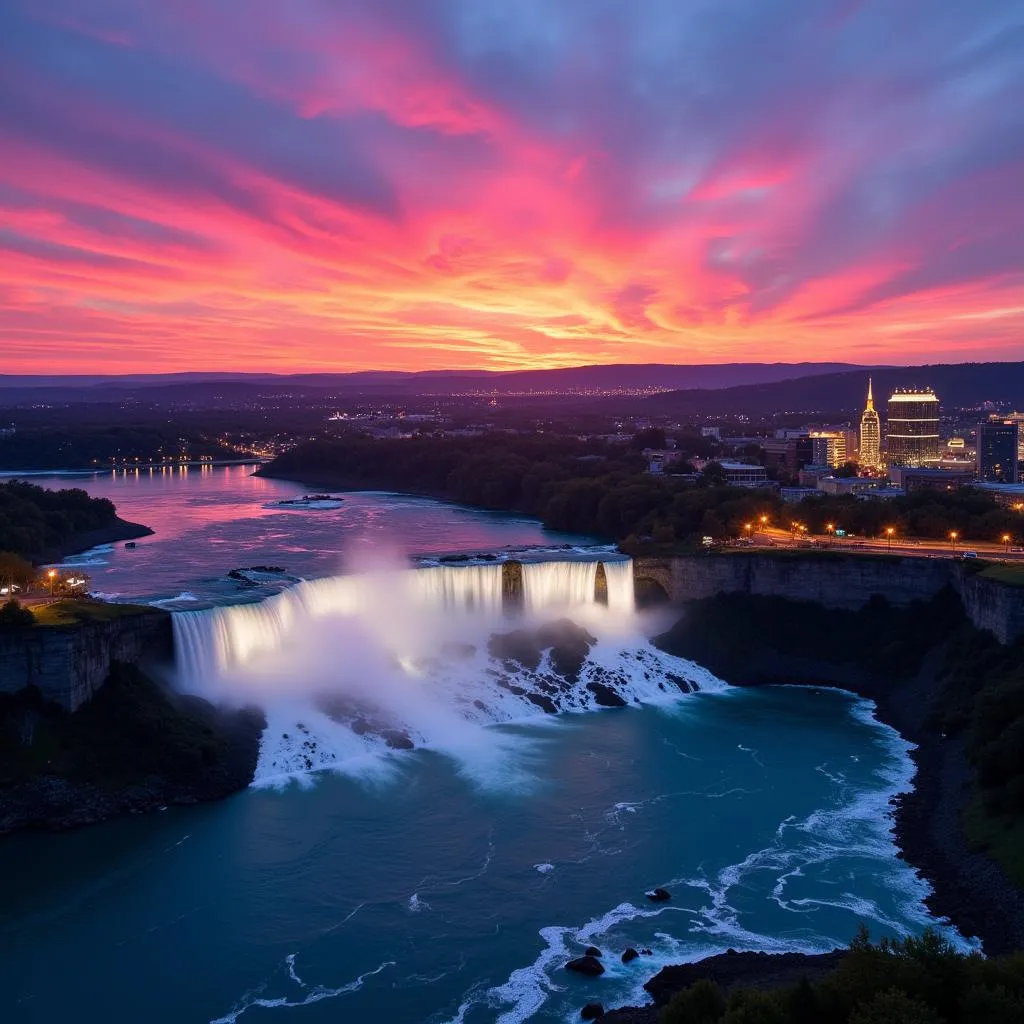 Niagara Falls aerial view at sunset with colorful sky and city lights