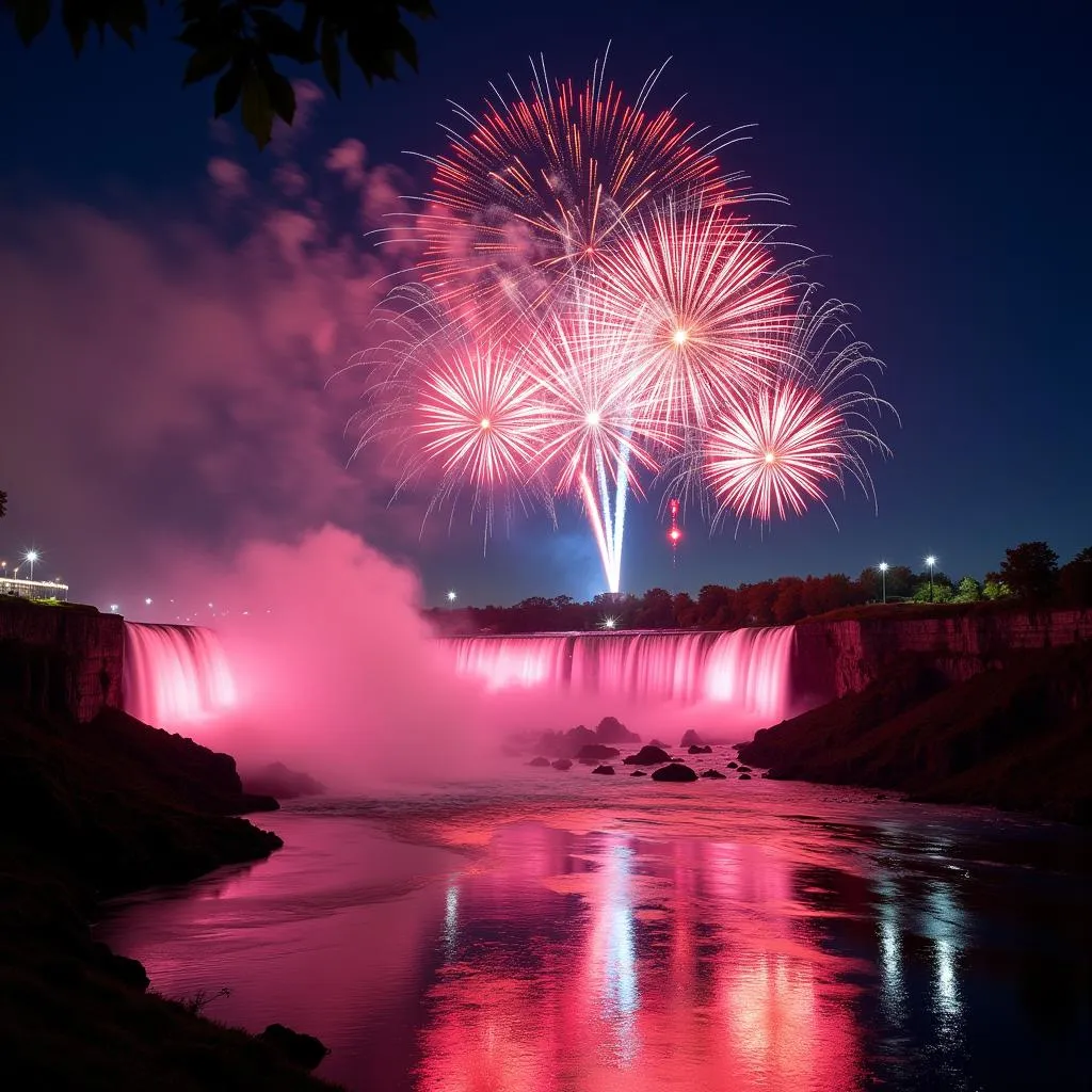 Niagara Falls fireworks display with colorful explosions reflected in the water below