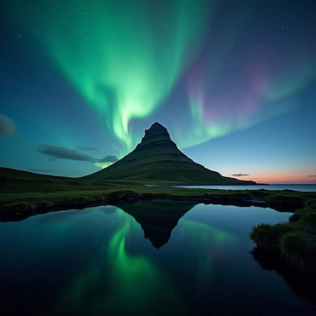 The Northern Lights illuminating the sky above Kirkjufell mountain in Iceland