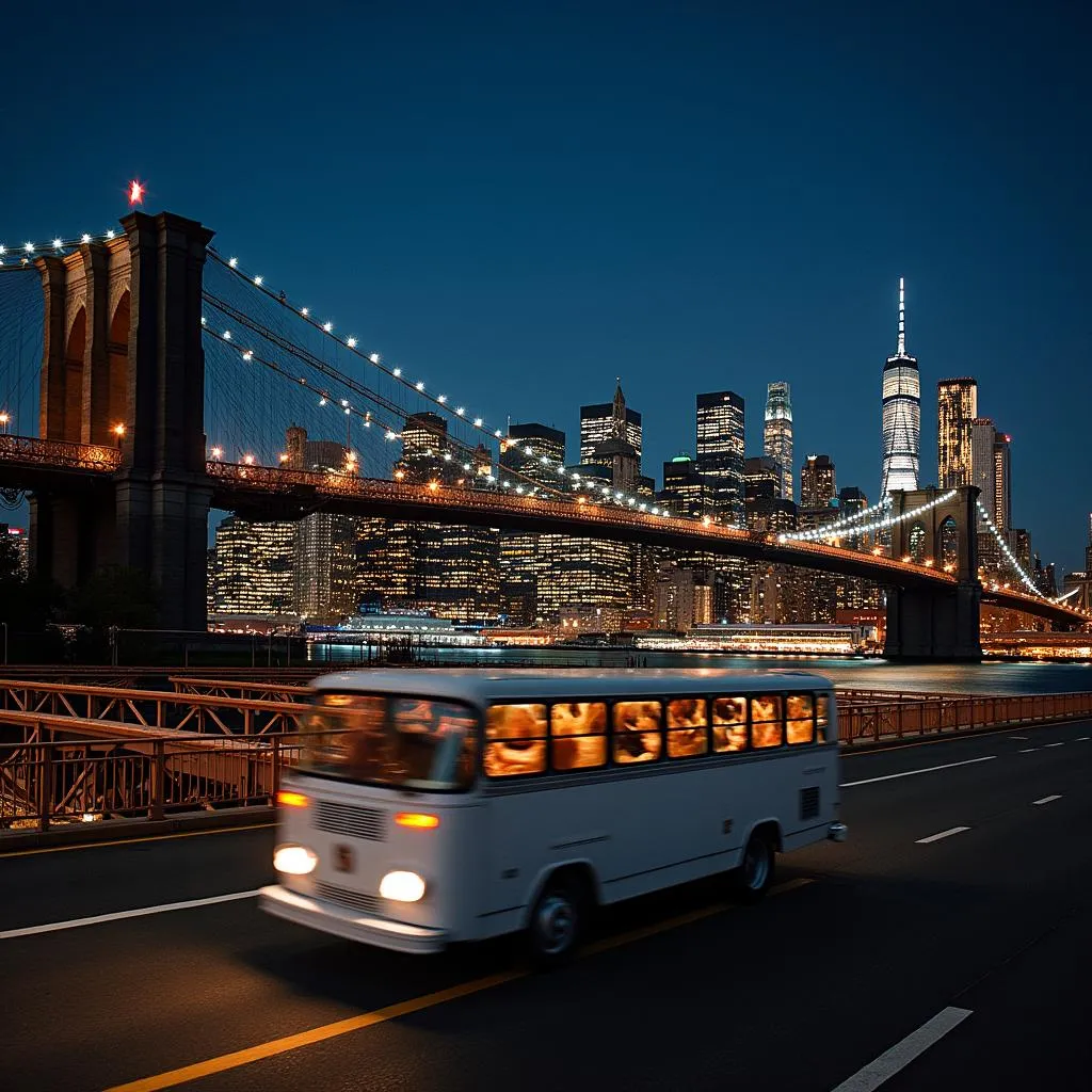 NYC night bus tour with illuminated skyline