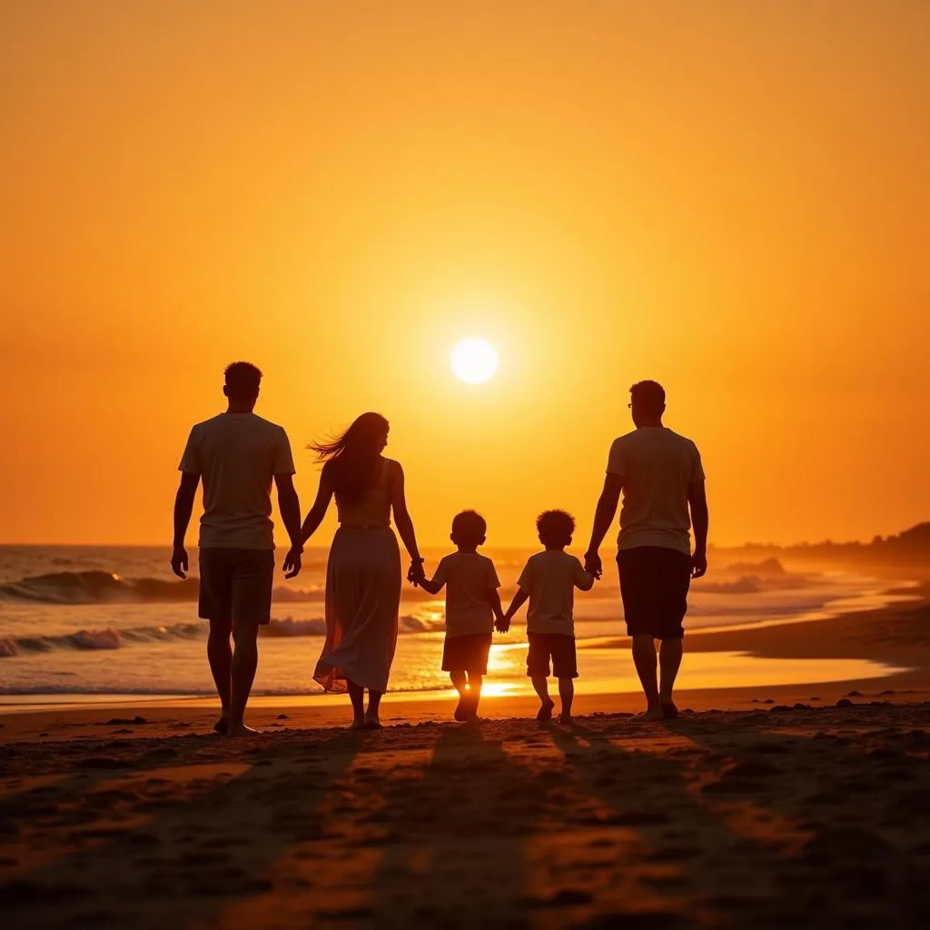 Family enjoying sunset on Puri Beach, Odisha