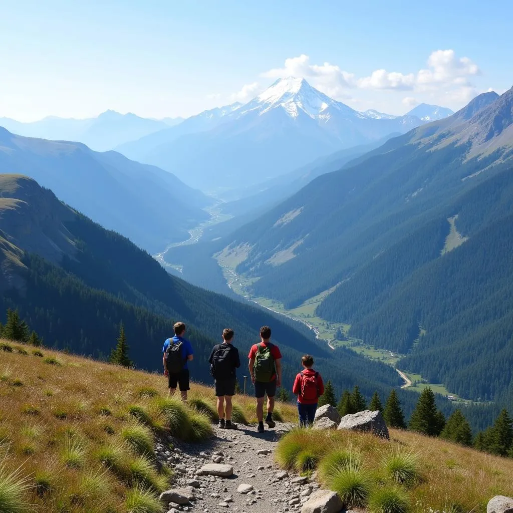 Hikers enjoying panoramic view of Japanese Alps