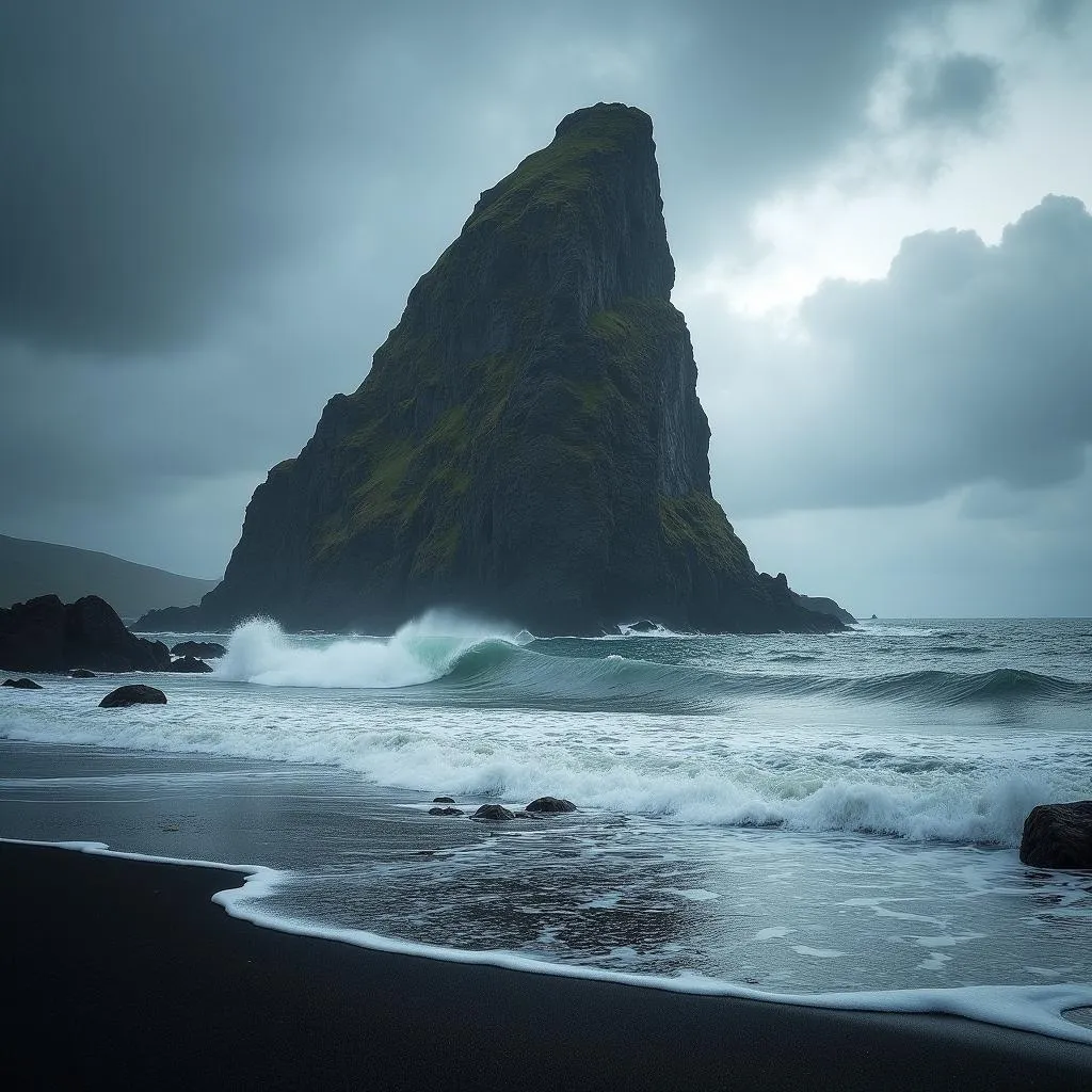 The iconic Old Man of Hoy sea stack against a stormy sky in Orkney