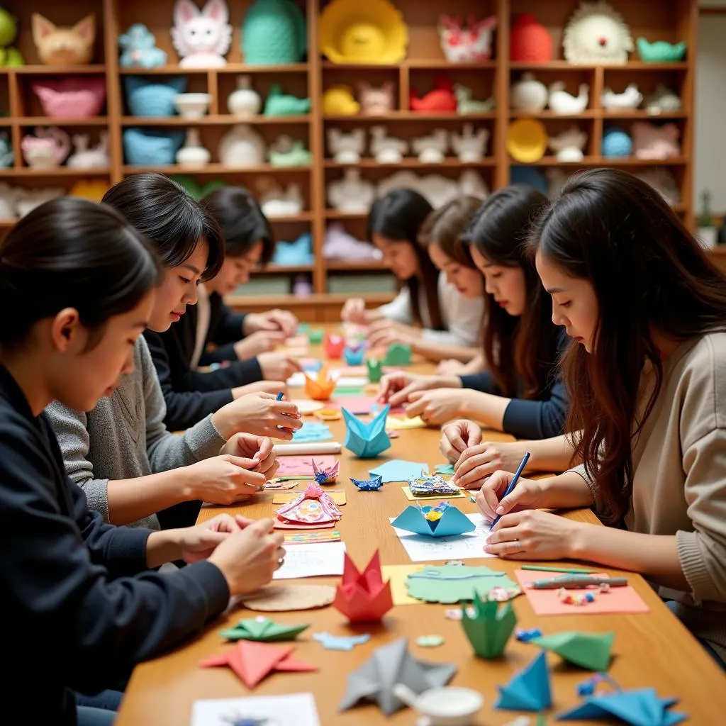 Japanese people folding origami in a workshop