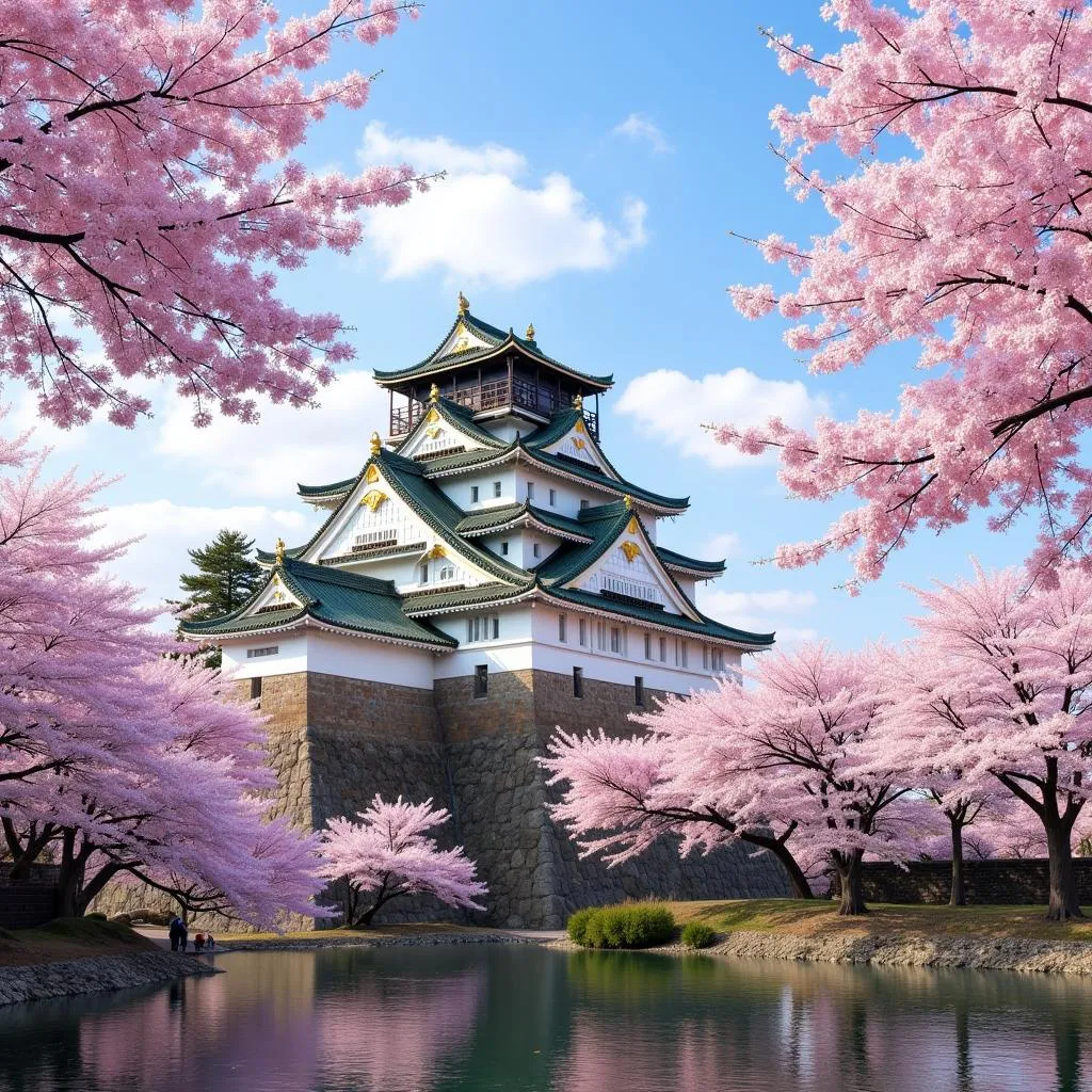 Osaka Castle surrounded by cherry blossoms in spring