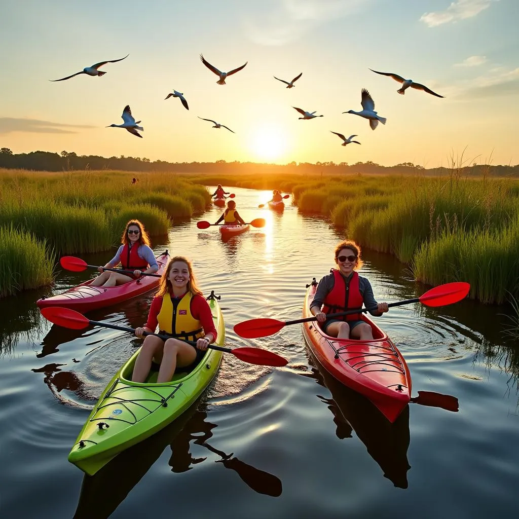 Group of kayakers paddling through a scenic marsh on an Outer Banks kayak tour