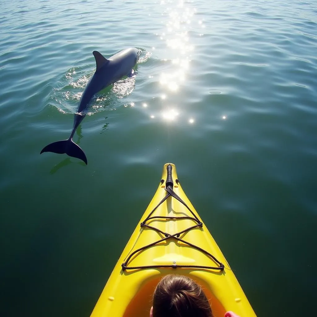 Kayaker observing a dolphin swimming alongside their kayak on an Outer Banks tour