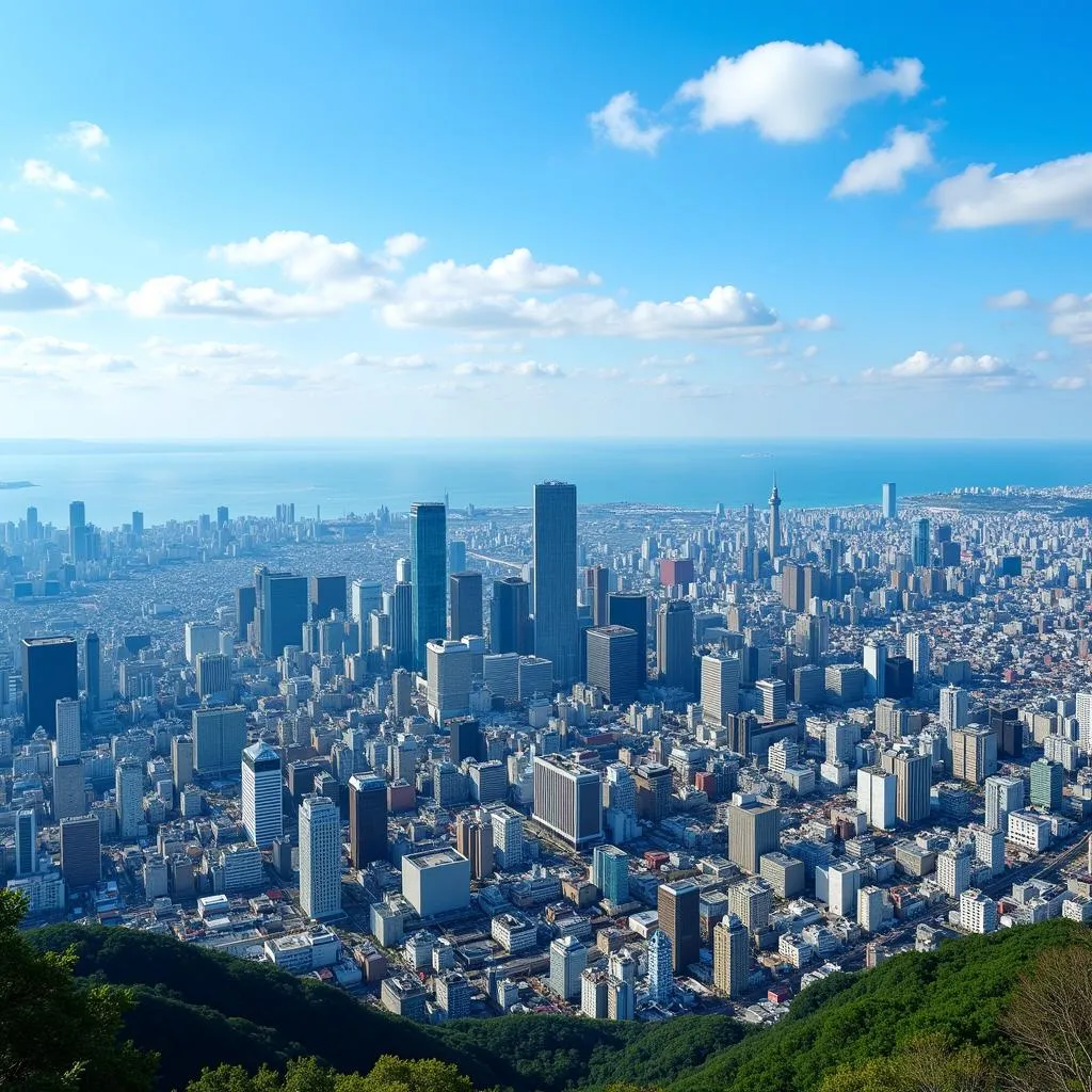 Tokyo skyline with the Pacific Ocean in the background