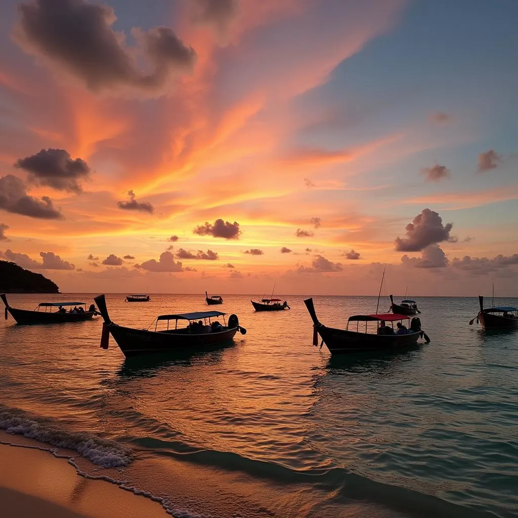 Pattaya beach at sunset with colorful traditional Thai boats