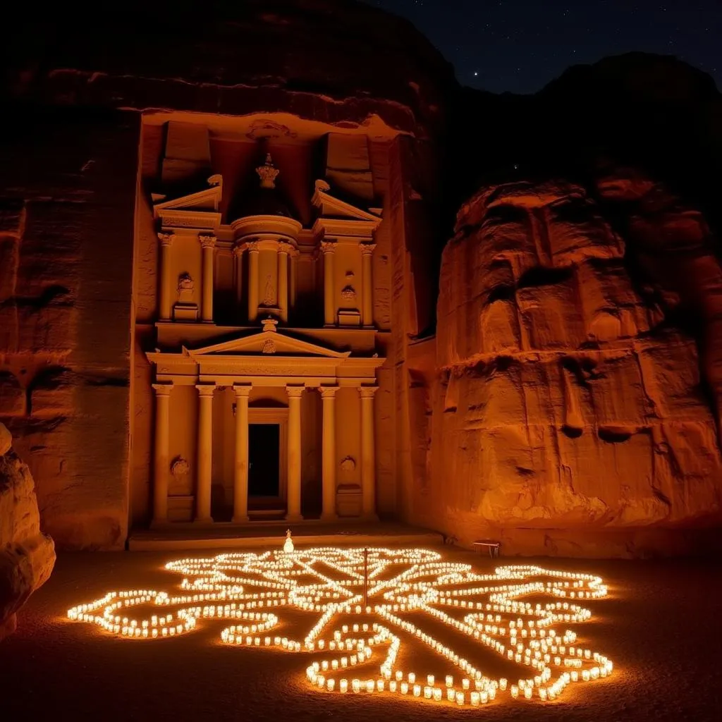 Petra Treasury illuminated by candles at night