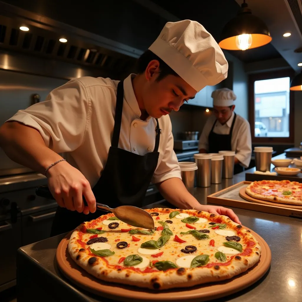 A skilled pizza chef preparing pizza in a Japanese restaurant kitchen