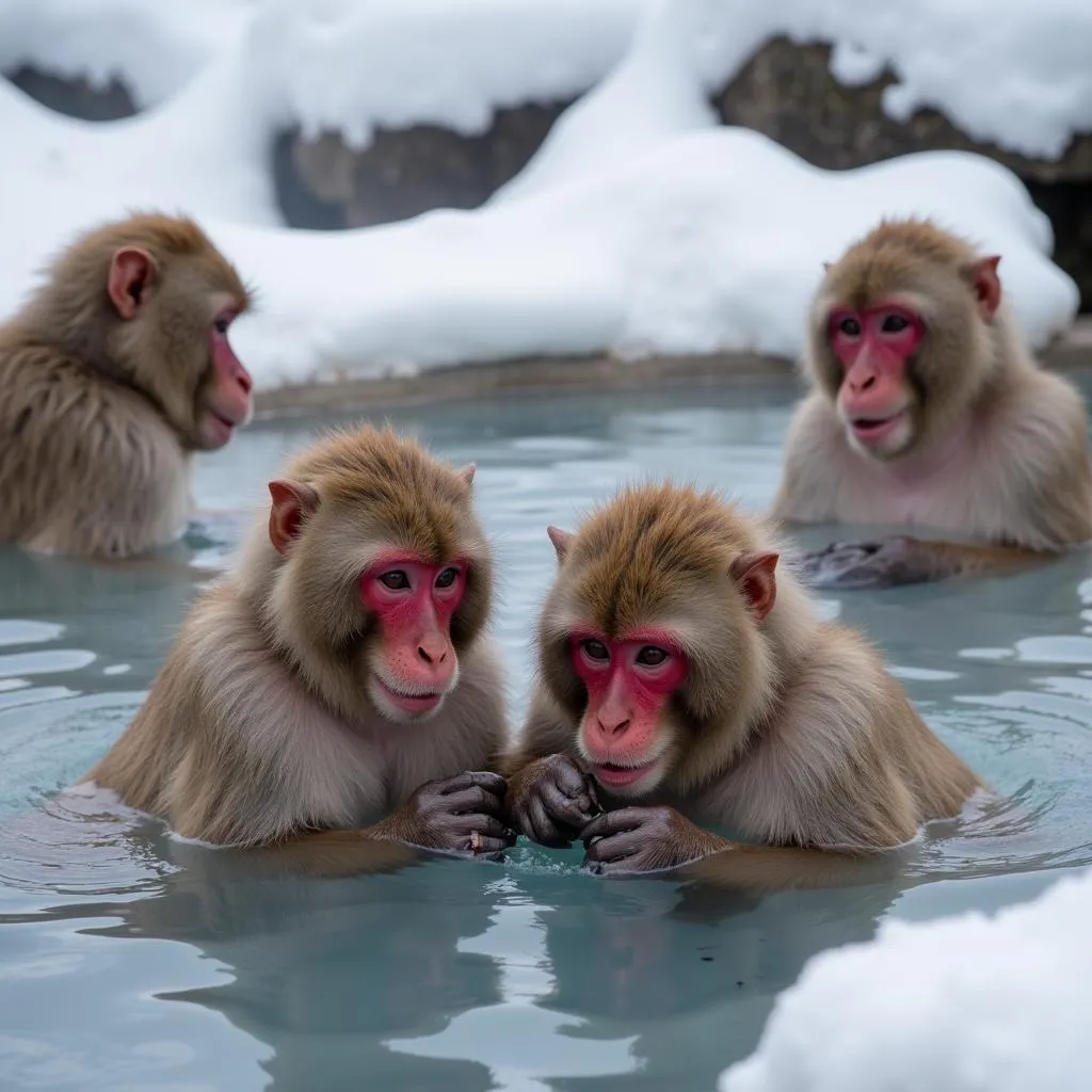 Playful Snow Monkeys Bathing in Hot Springs