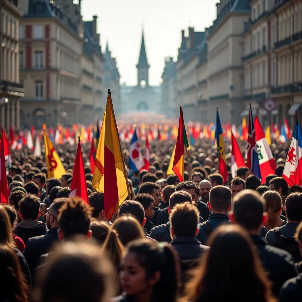 Pilgrims from different nations carry flags and banners during a procession in Lourdes, demonstrating the international appeal of this pilgrimage site.