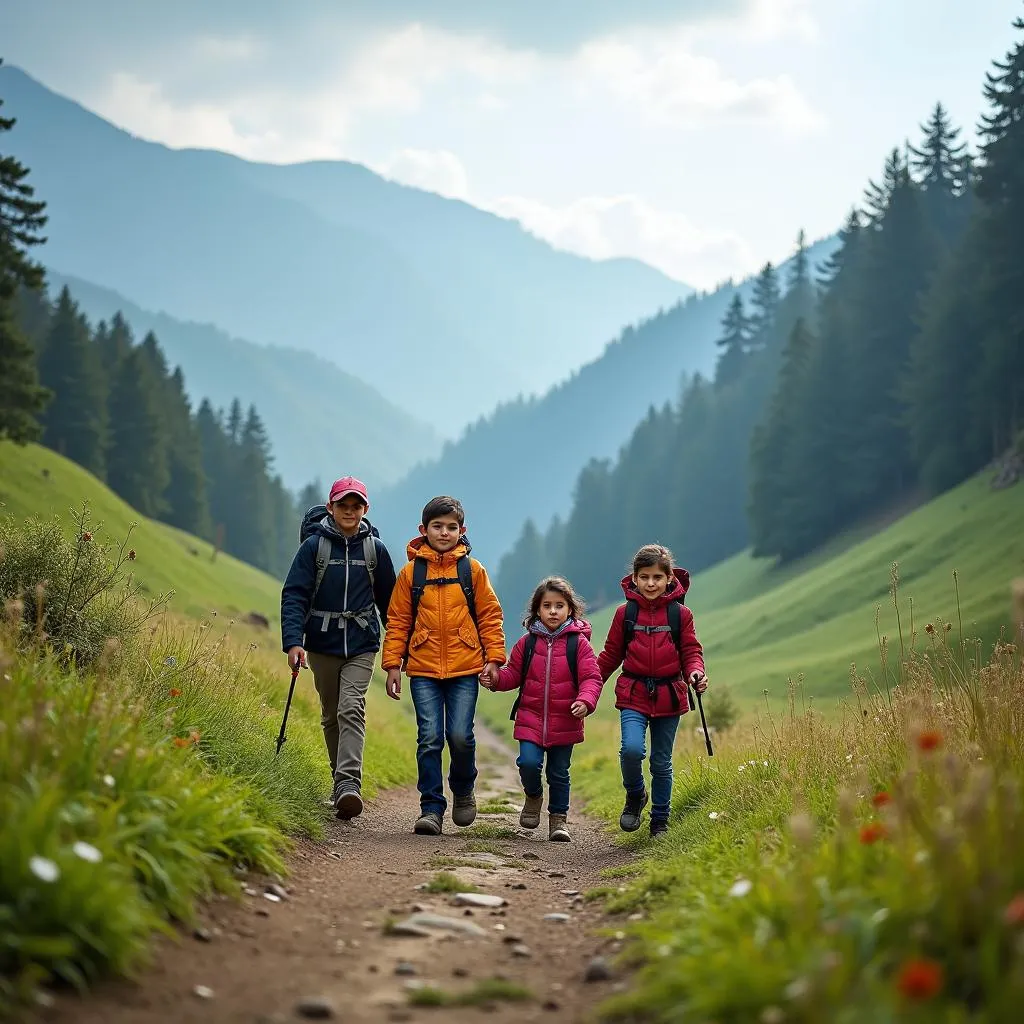 Family enjoying a trek in the Himalayas near Ranikhet and Almora