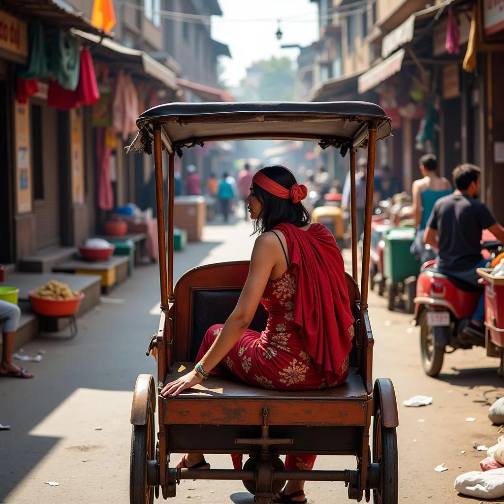 Tourists enjoying a vibrant rickshaw ride through a bustling Indian market