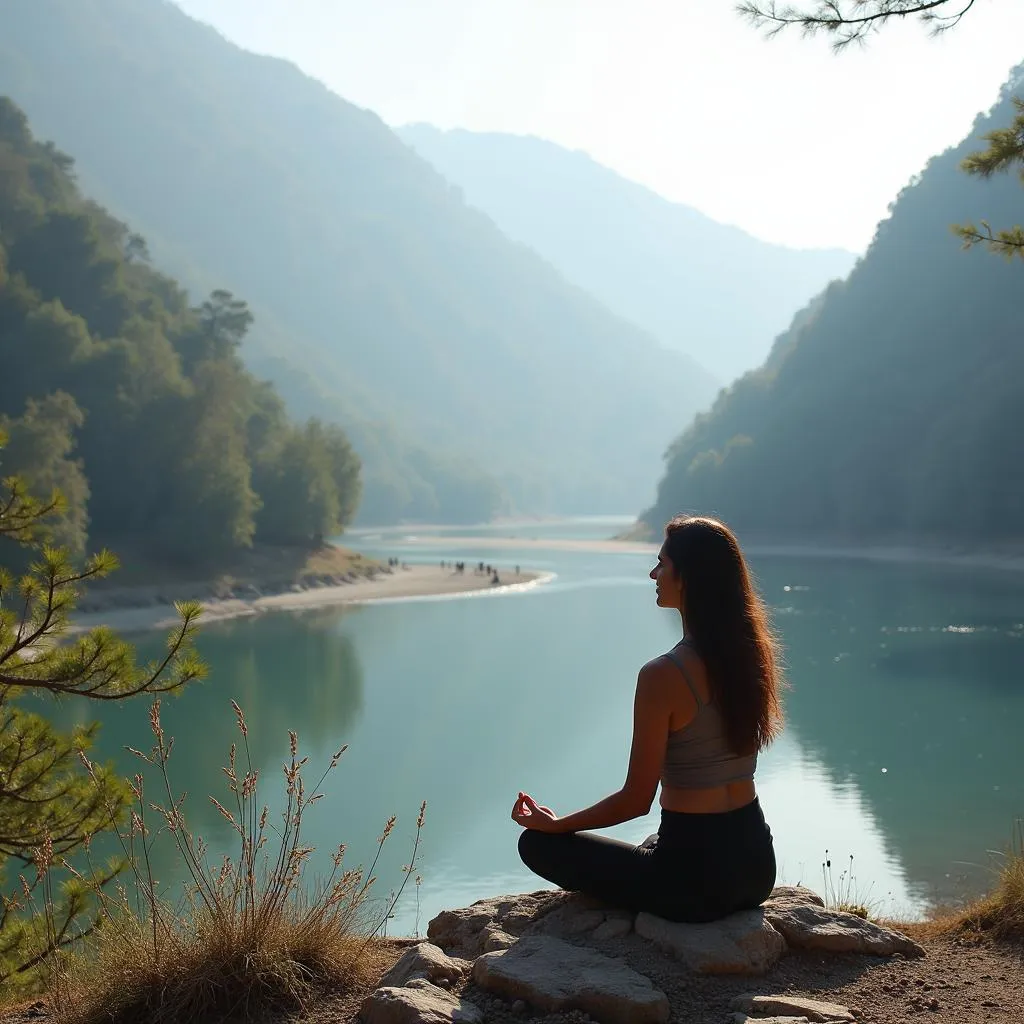 A group of people participating in a yoga class at an ashram in Rishikesh