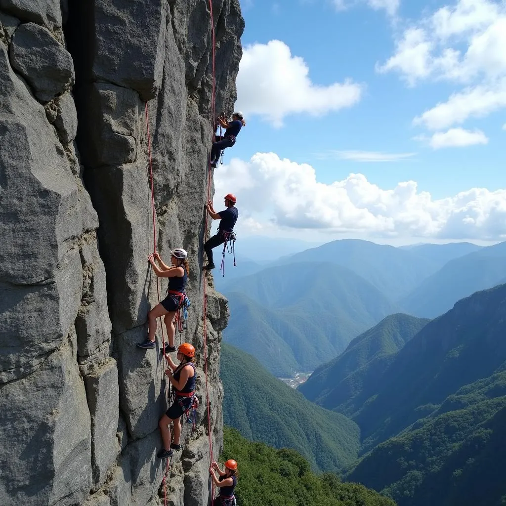 Rock climbers scaling the cliffs in the Okutama Mountains