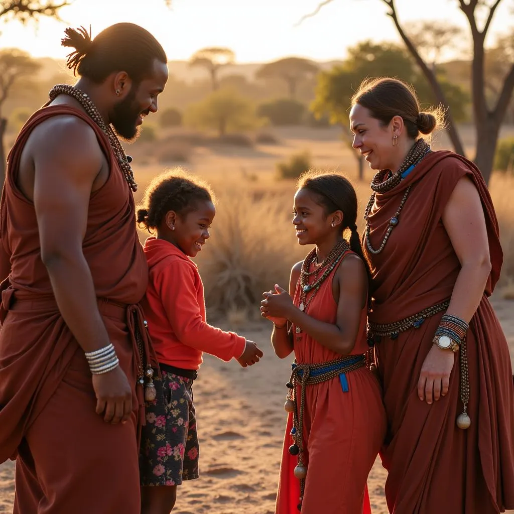 Family interacting with the San people