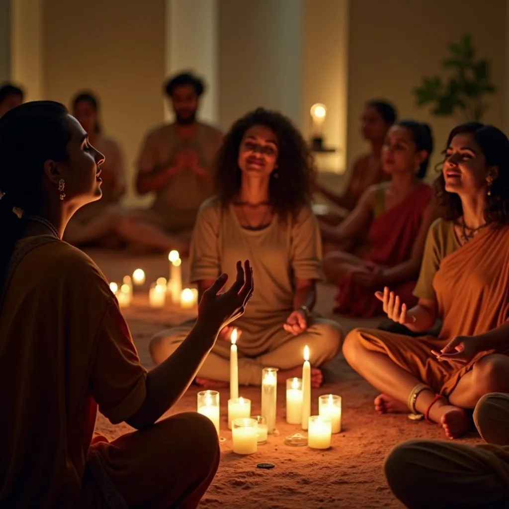 People sitting in a circle, chanting and playing traditional instruments during a sankirtan session