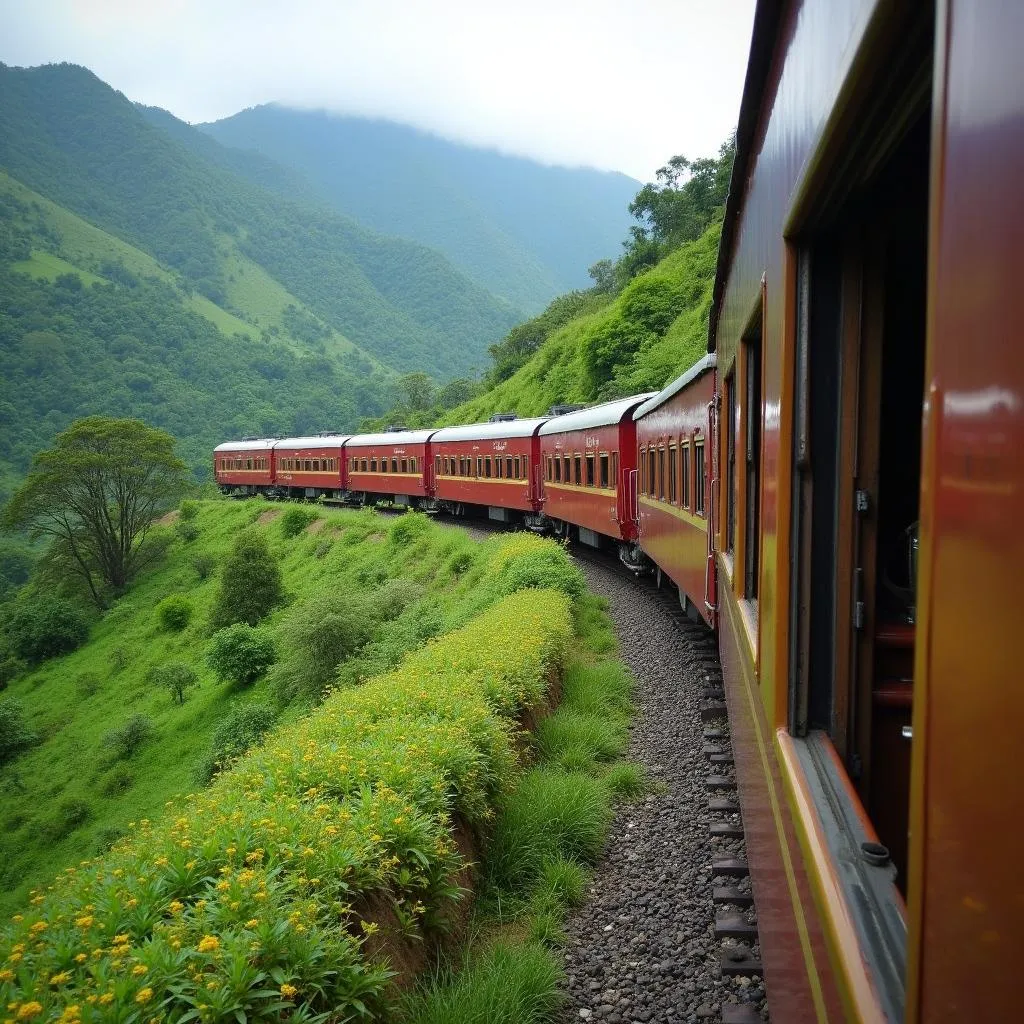 A train winding its way through the lush green hills of Araku Valley, India