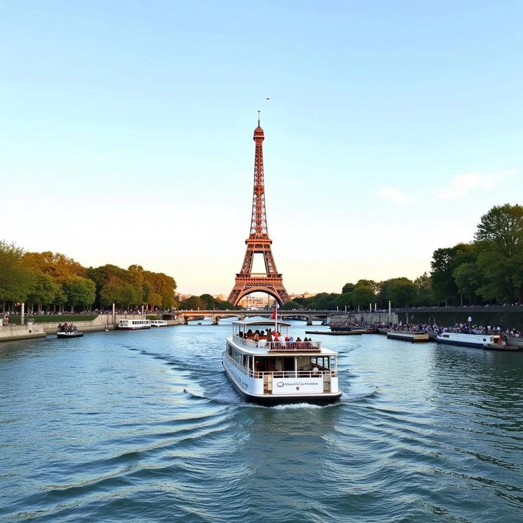 A boat cruises down the Seine River, Eiffel Tower in the background