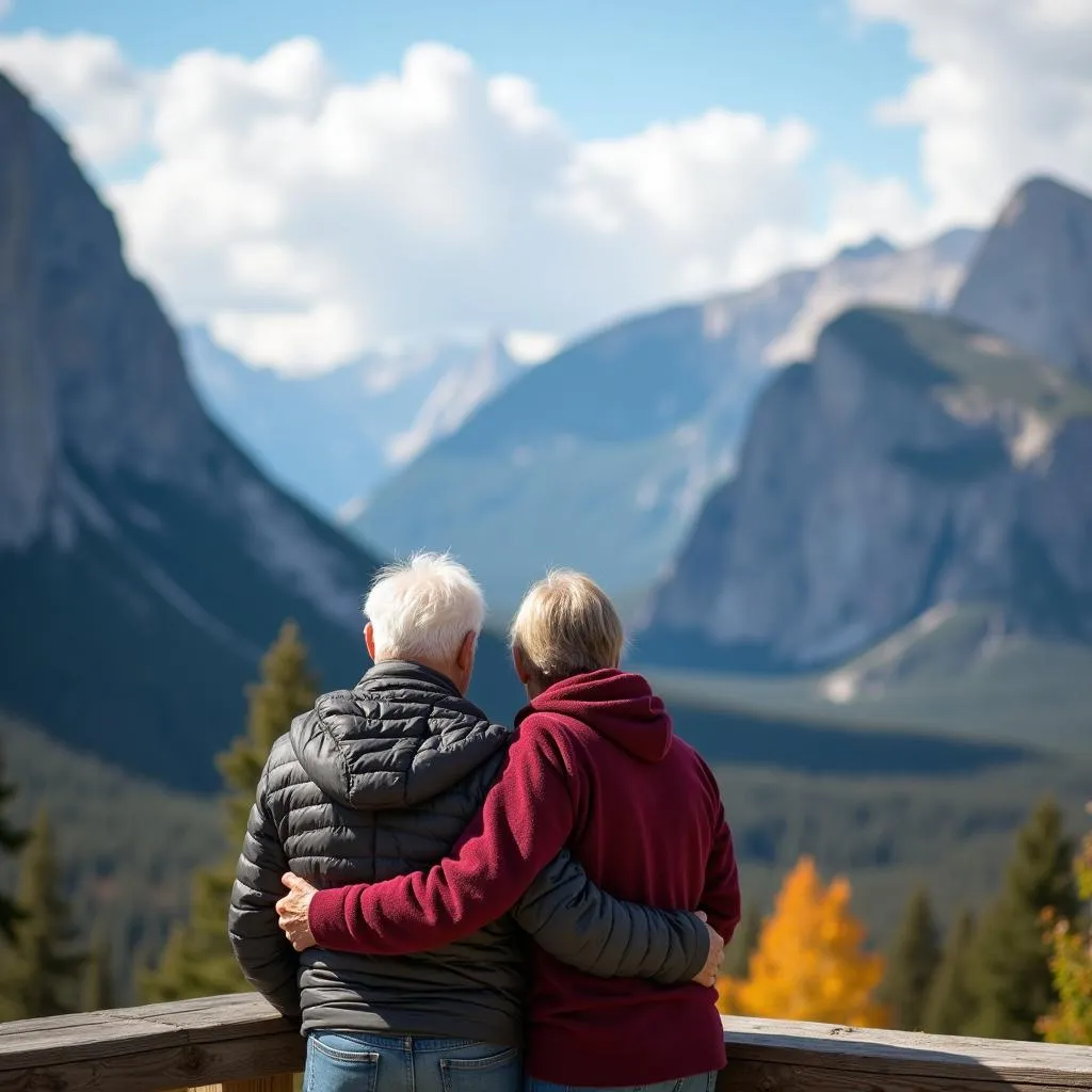 A senior couple stands at a viewpoint admiring the majestic scenery of the Canadian Rockies