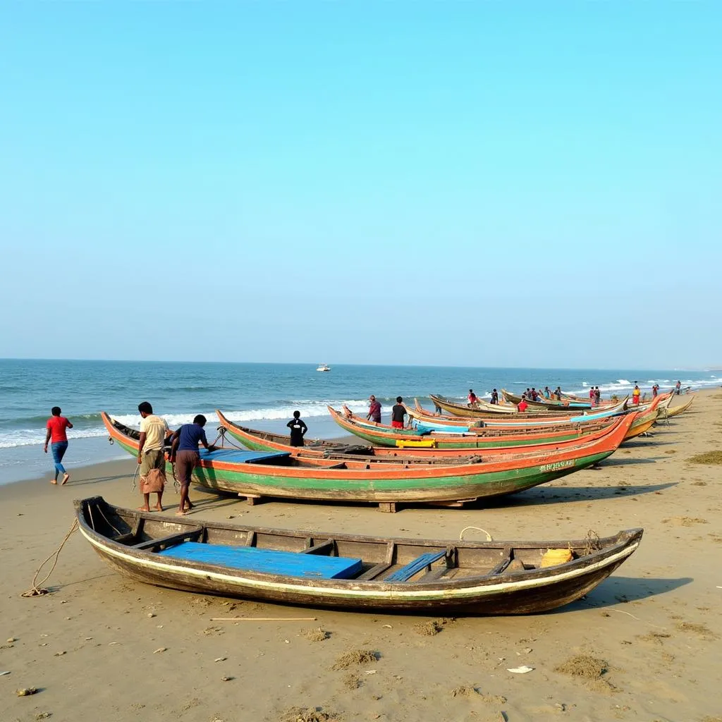 Colorful fishing boats anchored at Shankarpur Beach