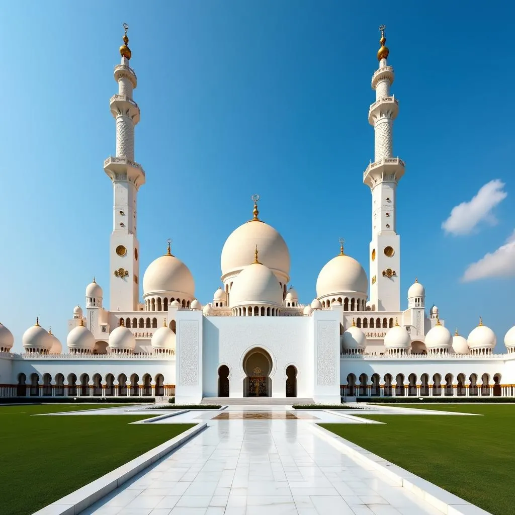 Sheikh Zayed Grand Mosque exterior view with lush gardens and blue sky in Abu Dhabi, UAE