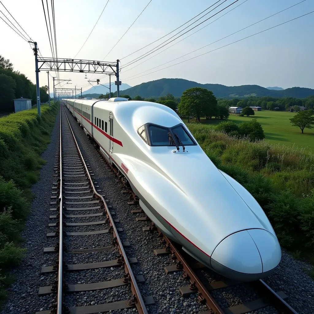 Shinkansen Bullet Train Speeding Through Countryside