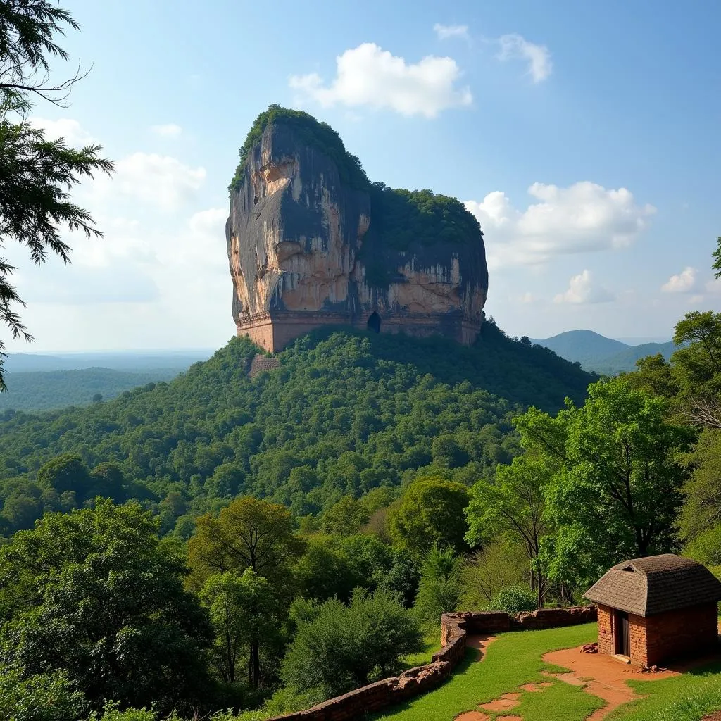 The ancient Sigiriya rock fortress rises dramatically from the Sri Lankan plains.