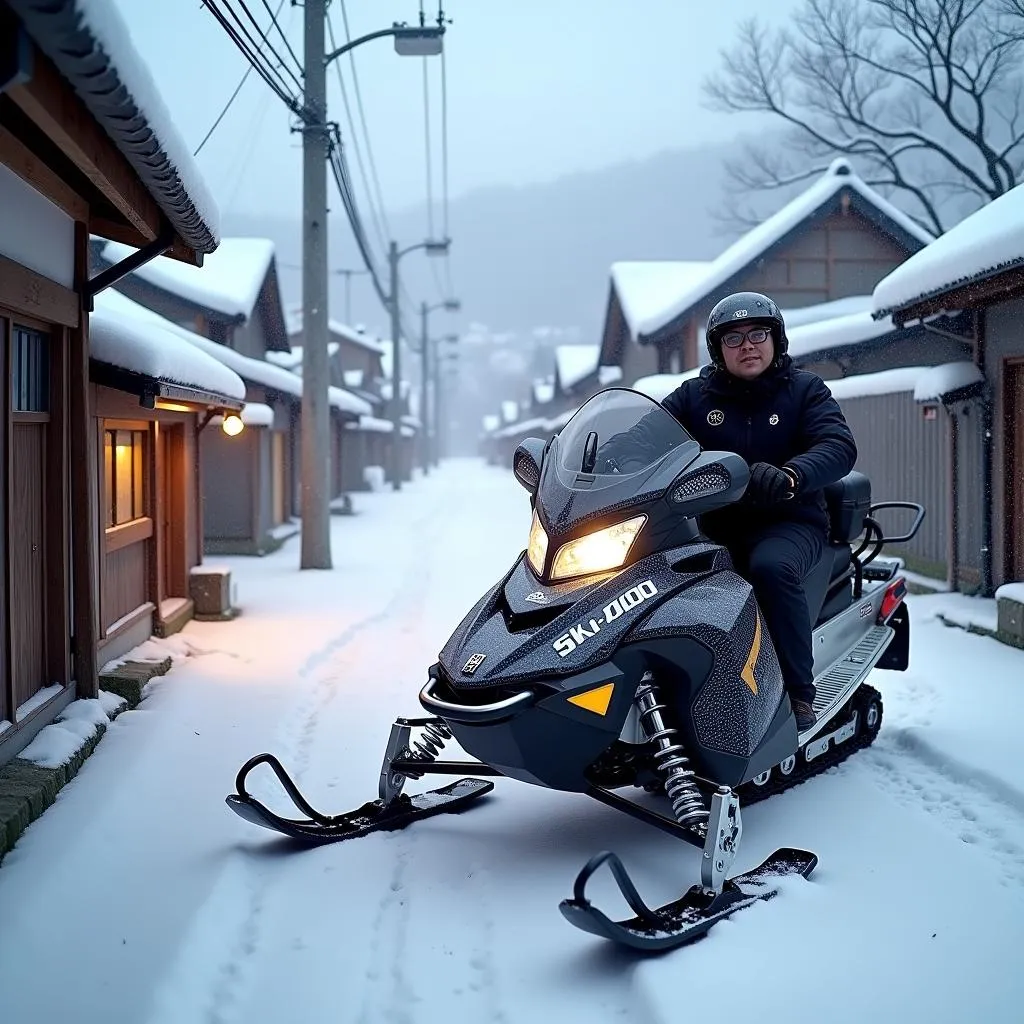 A 2011 Ski-Doo Grand Touring parked on the outskirts of a traditional Japanese village blanketed in snow