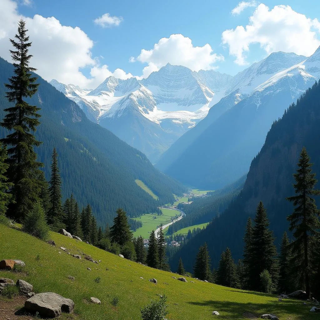 Snow-capped Mountains and Pine Forests in Manali