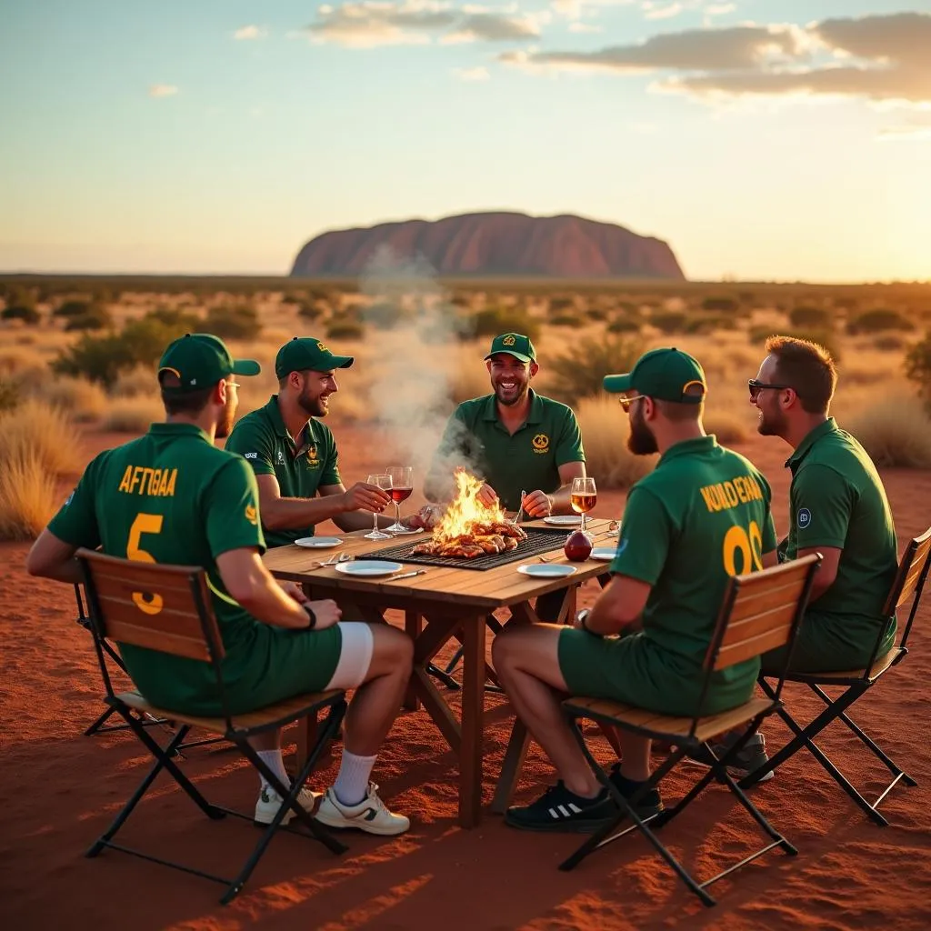 Group of South African cricket fans enjoying a barbecue in the Australian outback