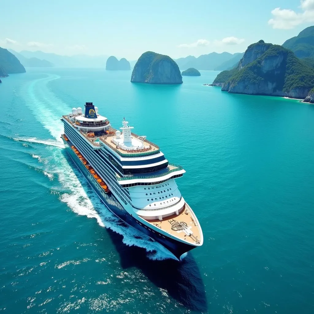 South China Sea cruise ship sailing through scenic waters