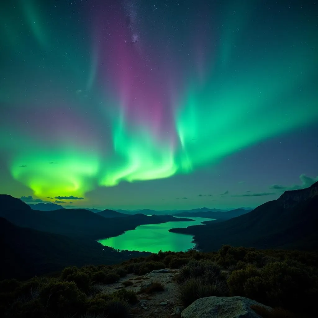 Southern Lights Tasmania Aurora Australis Over Mountains