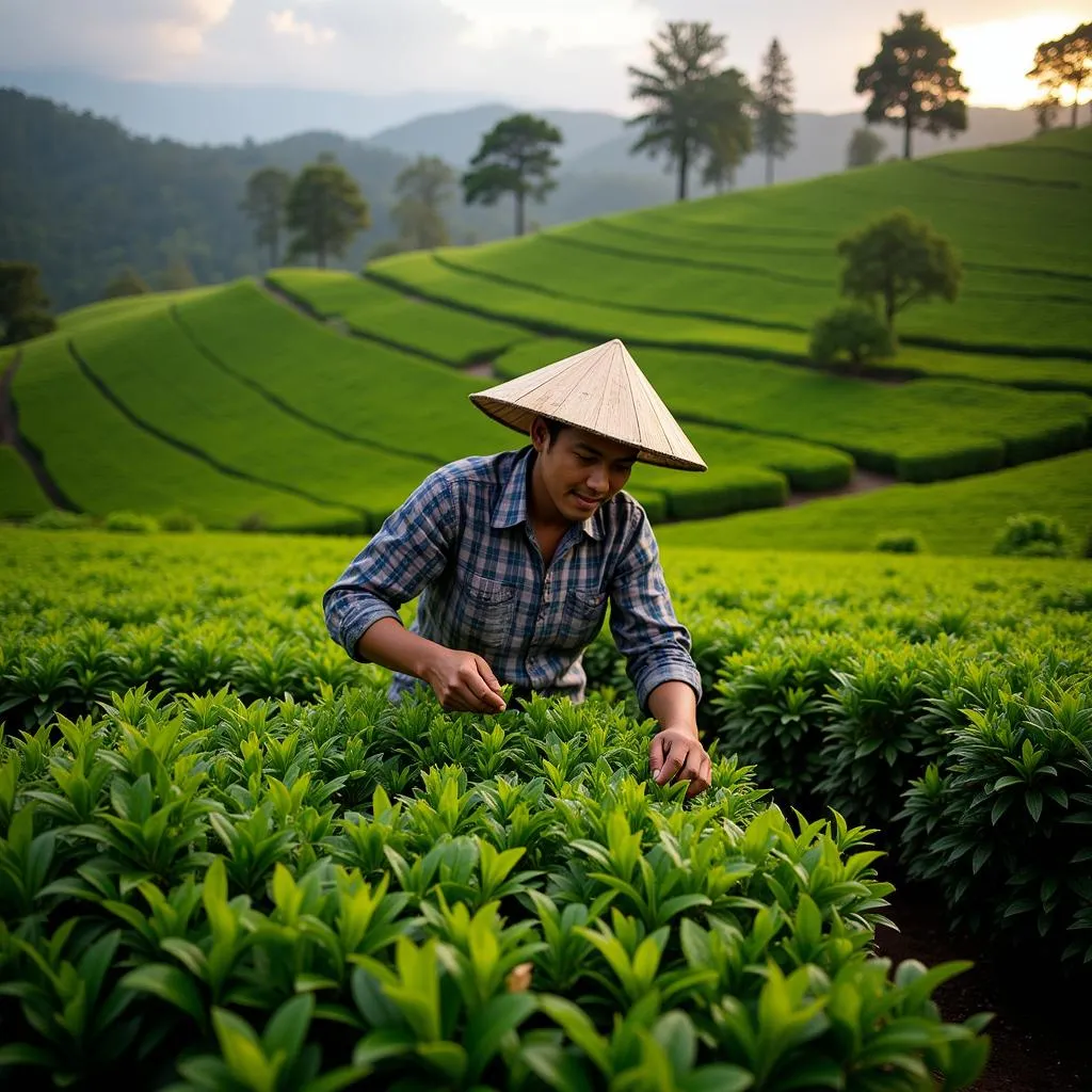 A Sri Lankan woman, dressed in traditional clothing, plucking tea leaves in a lush green plantation.