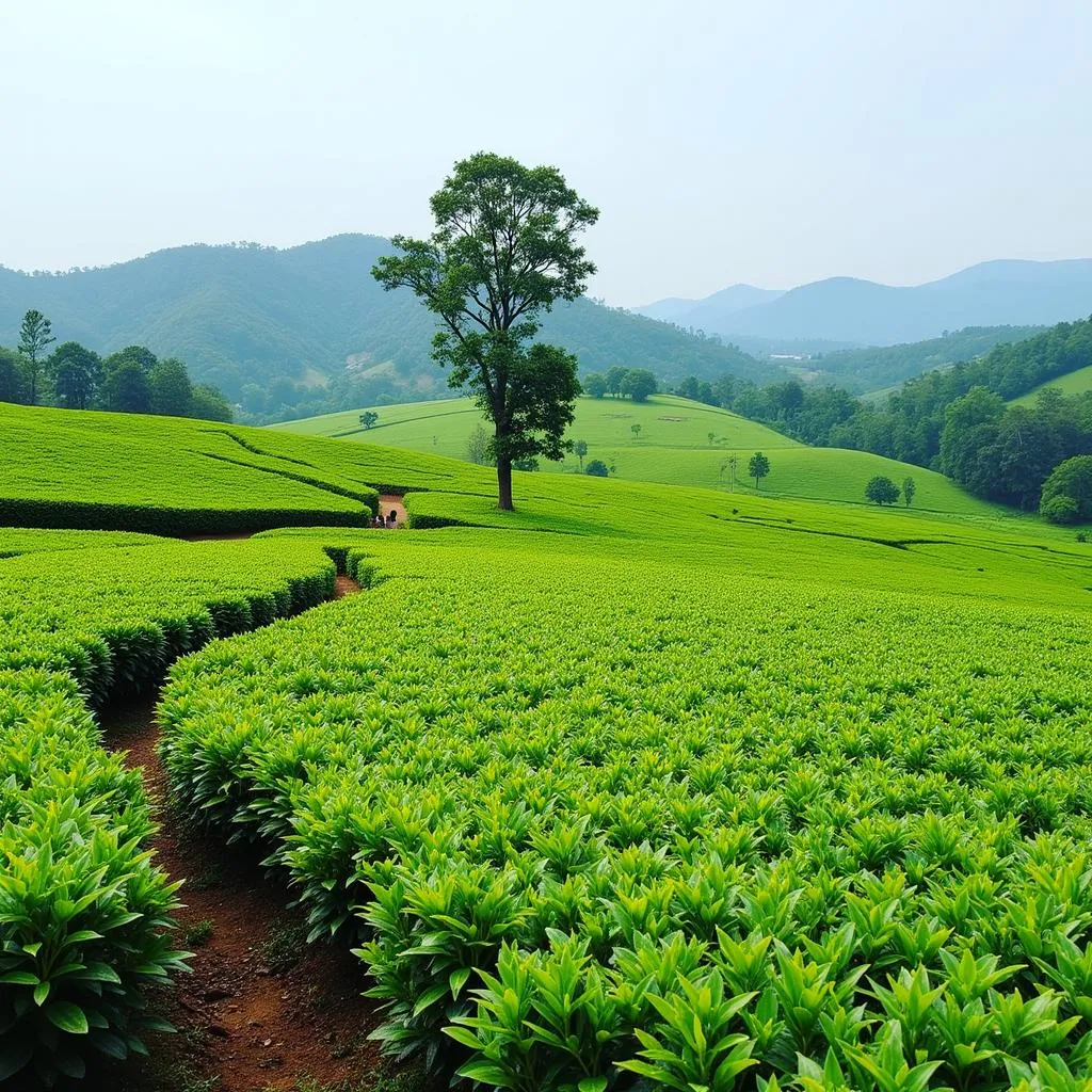 Lush green tea plantations covering the hilly region of Sri Lanka.