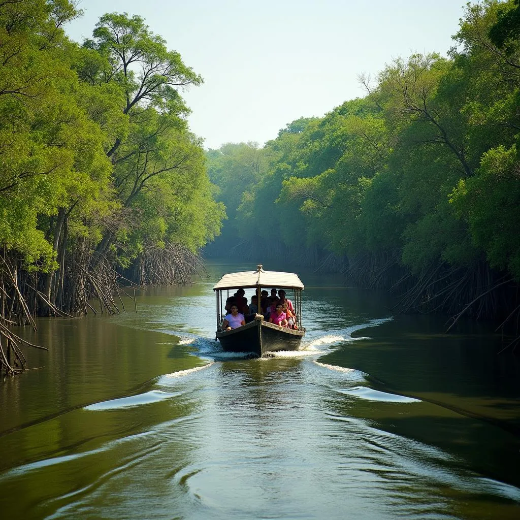 Tourists on a boat tour in the Sundarbans