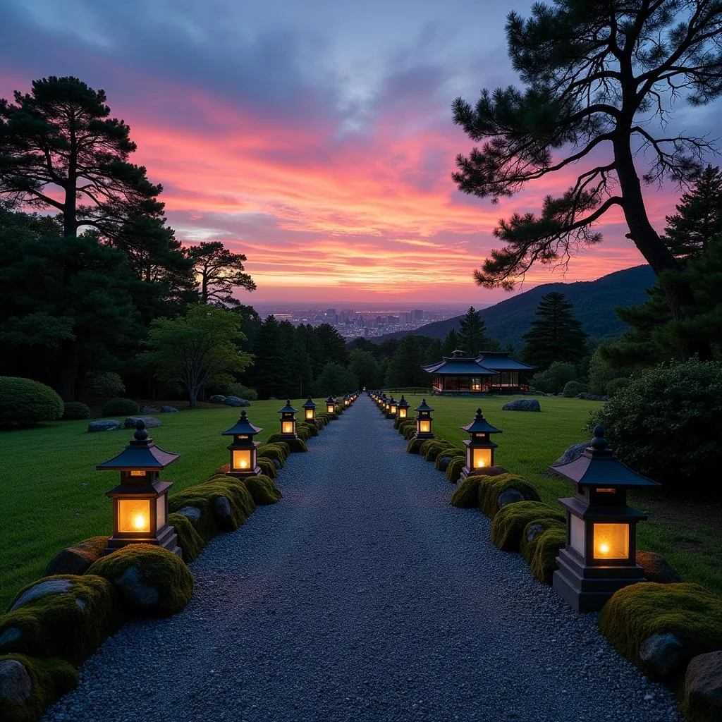 Stunning sunrise over a Japanese garden with stone lanterns